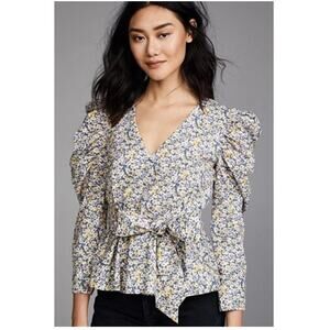 La Vie Rebecca Taylor Pansies Print Floral Puff Sleeve Peplum Top Womans Small